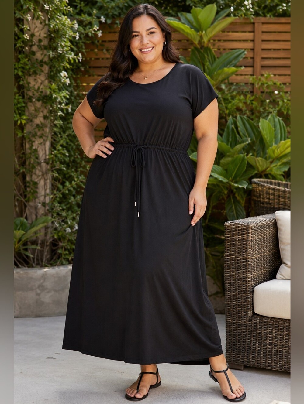 INC Plus Size 4x NEW: Black Drawstring Maxi Dress with Short Sleeves